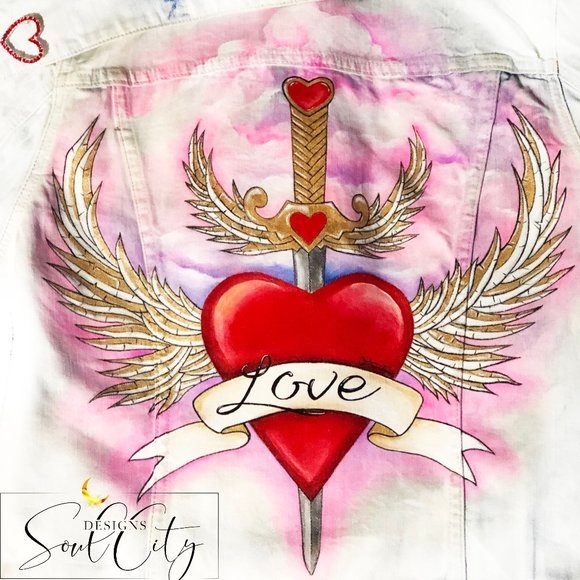 Custom hand painted "Love" Jean Jacket - Picture 1 of 4